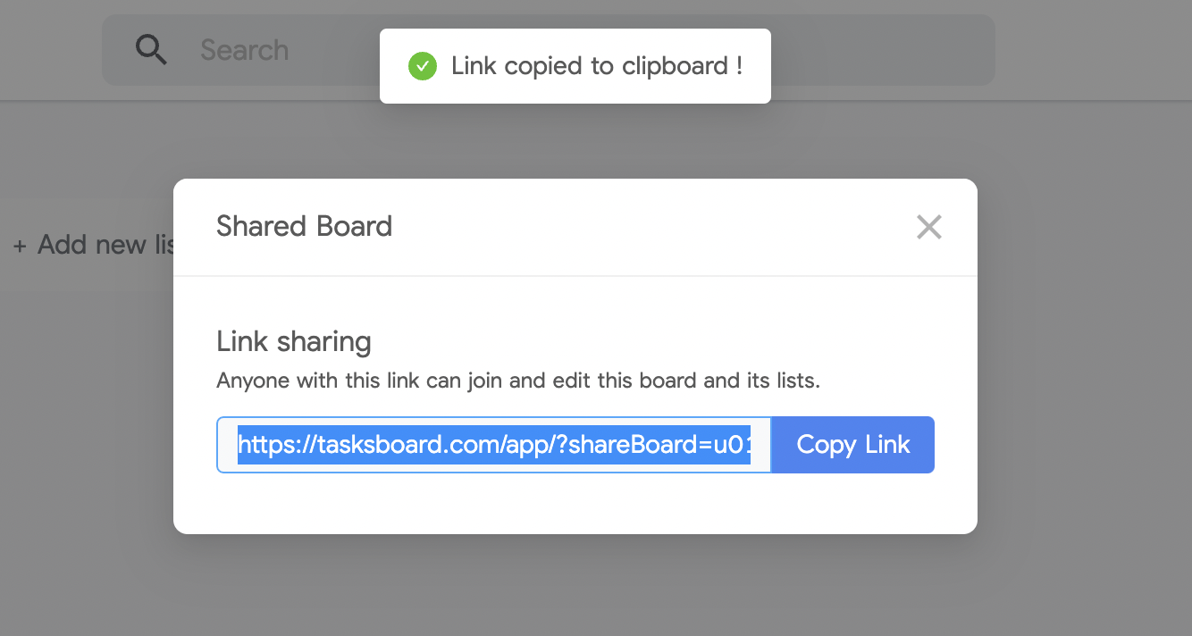 Sharing dialog displaying the invite link with a copy button