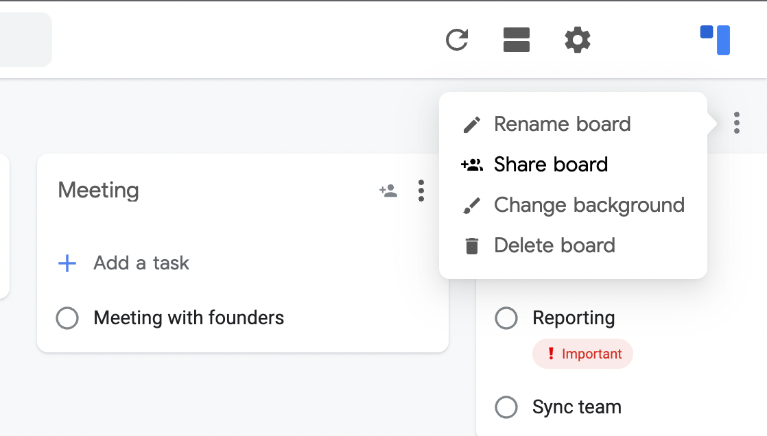 Board menu showing the "Share board" option in the dropdown