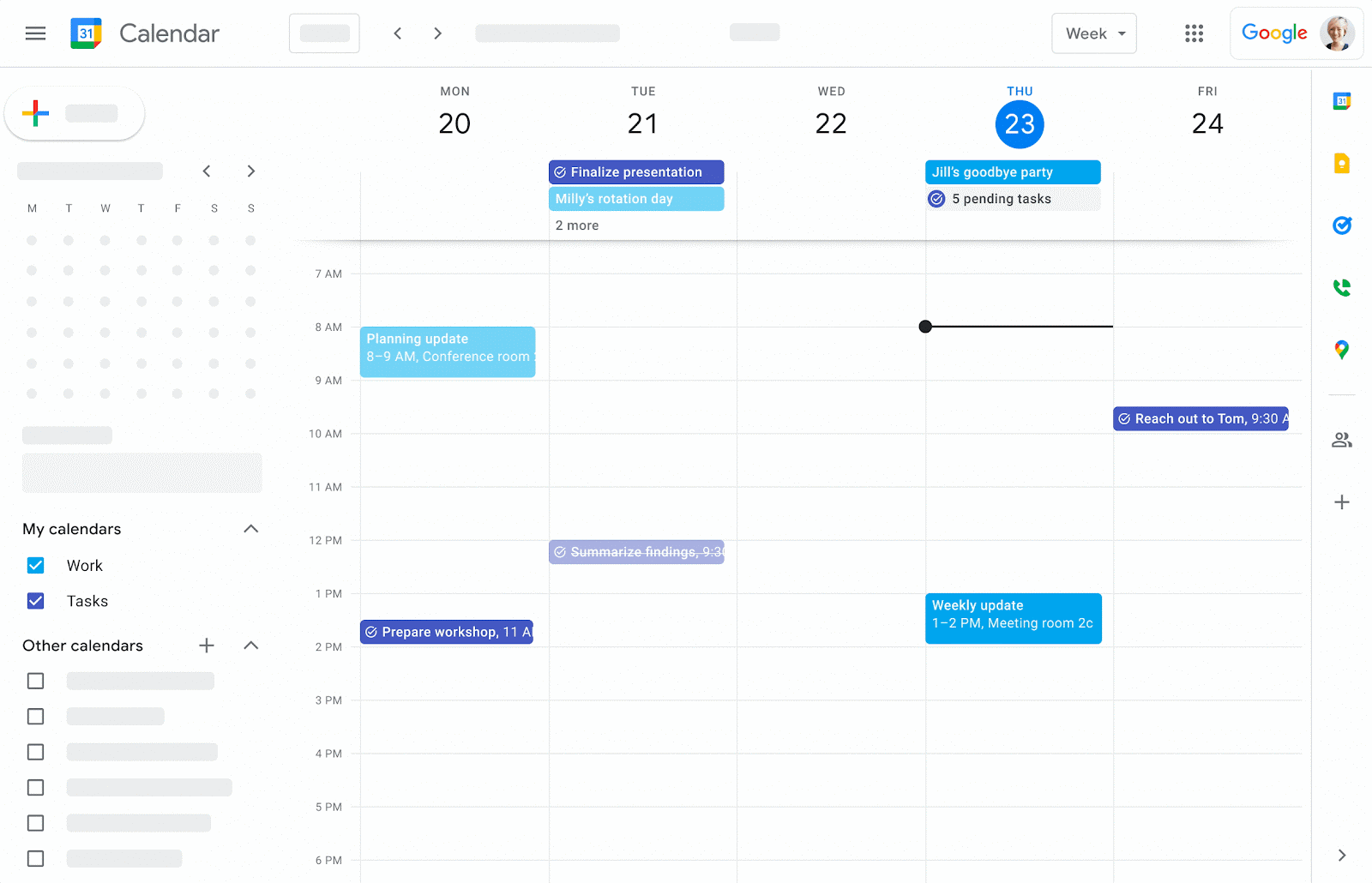 Google Calendar showing tasks with due dates in the side panel
